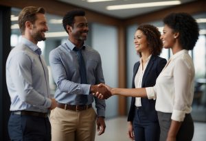 four employees stood together, two are shaking hands