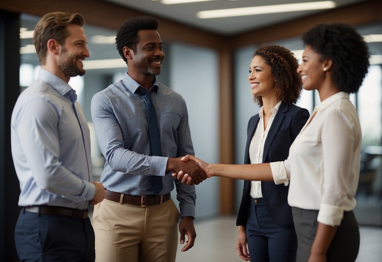 four employees stood together, two are shaking hands